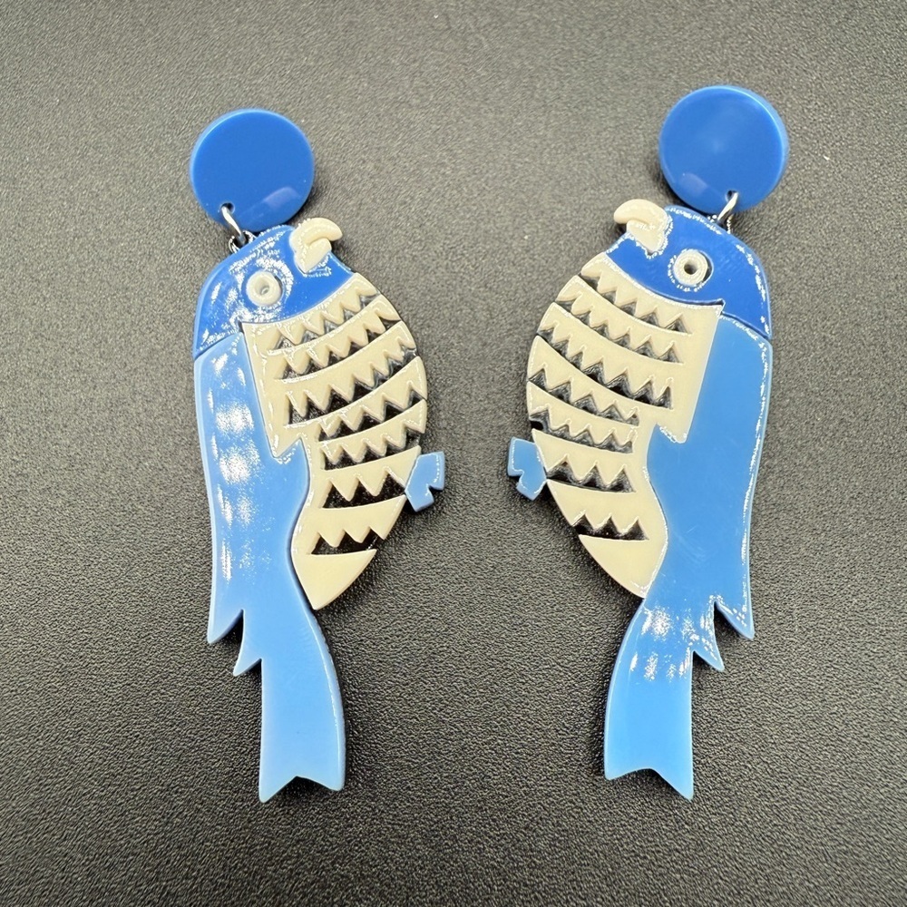 Blue Parrot Chunky Acrylic Bird Earrings - Picture 3 of 10